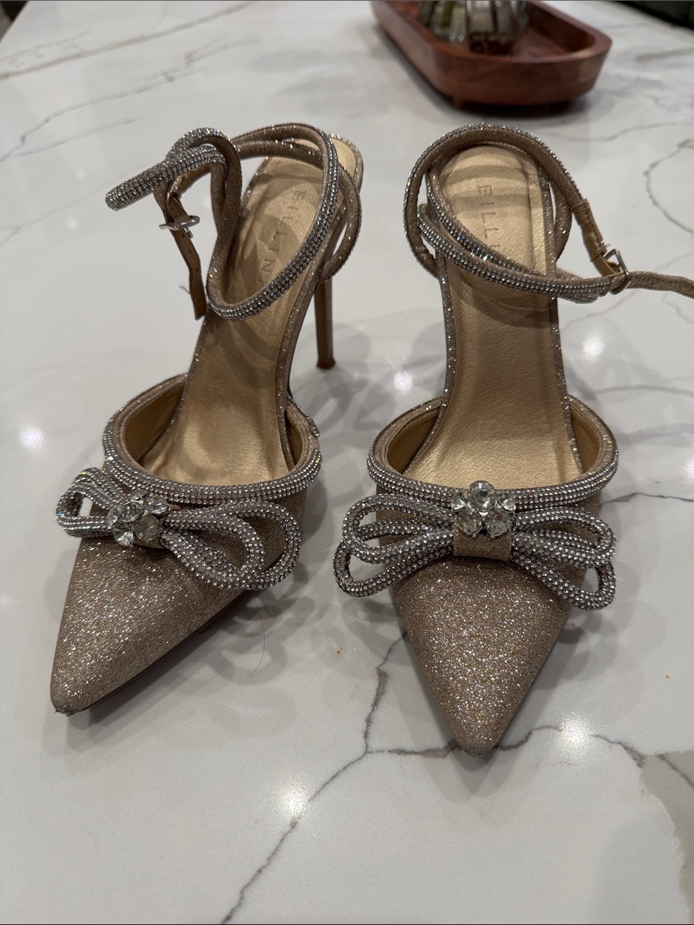 Billini Champagne Glitter Pointed-Toe Bow Ankle-Strap Heels